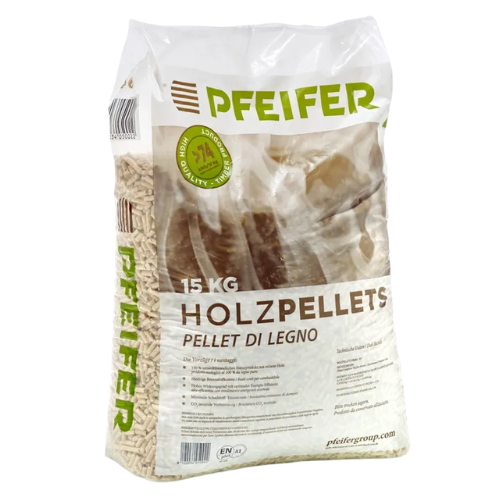 Drevené pelety PFEIFER A1 6 mm – 15 kg / paleta 1 050 kg (70 ks × 15 kg)