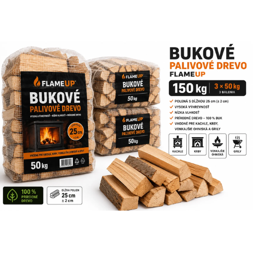 Bukové palivové drevo Flameup – 150 kg (3 × 50 kg) – polená s dĺžkou 25 cm – vhodné pre kachle, krby, vonkajšie ohniská a grily