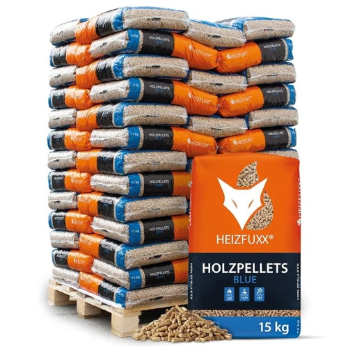 HEIZFUXX drevené pelety Blue 6 mm ENplus A1 – 975 kg (65 × 15 kg) – mäkké drevo